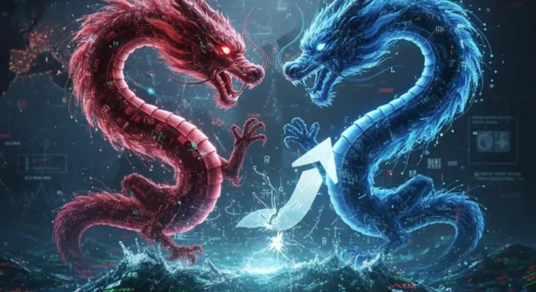 A red dragon representing China and a blue dragon representing Japan clashing above a sea of stock market data, representing the SQQQ China Japan trade