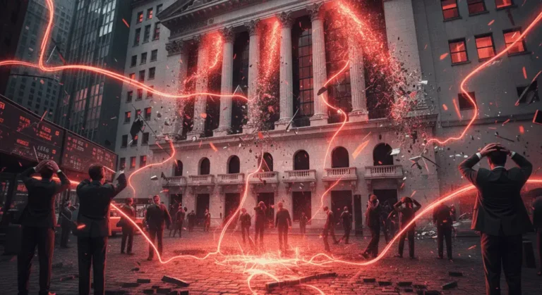 Red lightning striking the New York Stock Exchange as panicked businessmen react, representing the systemic credit crisis drivers threatening global financial stability