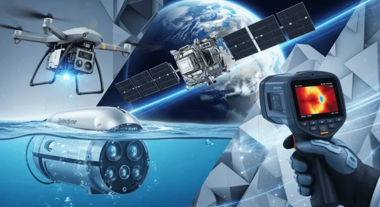 A reconnaissance drone, an orbiting satellite, an underwater sensor vehicle, and a handheld thermal imaging camera, representing Teledyne Technologies' cross-domain sensor dominance