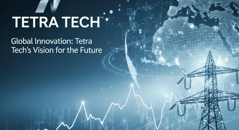 Tetra Tech logo beside a digital globe, rising stock chart, and power transmission tower, representing TTEK stock analysis and global infrastructure reconstruction opportunities