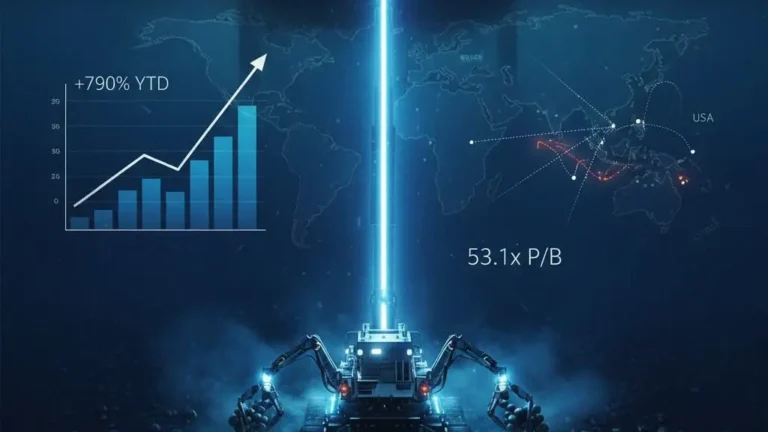A TMC mining ship flanked by Chinese and EU naval vessels sends a beam to a seabed robot collecting nodules, beside a 790% stock chart and 53.1x P/B label, representing TMC stock's deep-sea mining geopolitics