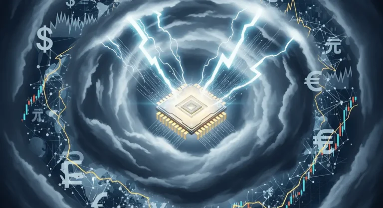 A glowing semiconductor chip crackling with energy at the center of a storm, surrounded by global currency symbols and stock charts, representing TSMC geopolitical risks to the world economy