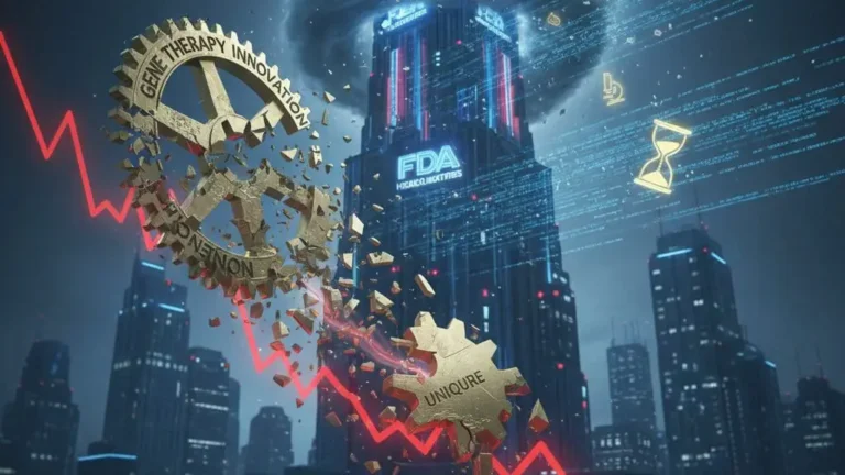Golden gears labeled Gene Therapy Innovation and UniQure shattering beneath a stormy FDA tower, with a steep red stock chart crashing down, representing the UniQure FDA reversal