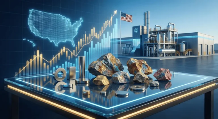 Raw rare-earth ore transforming into polished magnets beside a US map, American flag, rising stock chart, and processing plant, representing USA Rare Earth stock's mine-to-magnet strategy