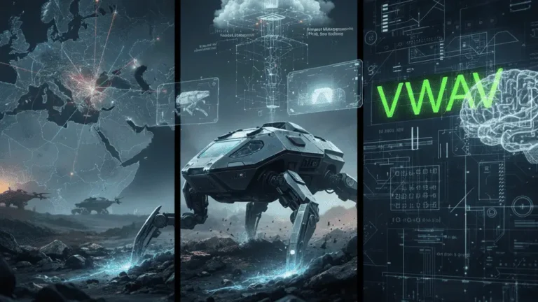 A three-panel image showing geopolitical conflict, a quadruped robotic UGV with AI cloud processing, and the VWAV ticker beside a circuit brain, representing VisionWave VWAV stock's defense AI thesis