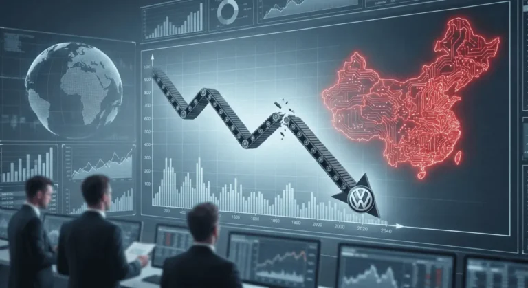 A breaking chain-link arrow crashing toward the Volkswagen logo beside a glowing red China map on a trading floor display, representing the Volkswagen crisis and its Chinese supply chain takeover