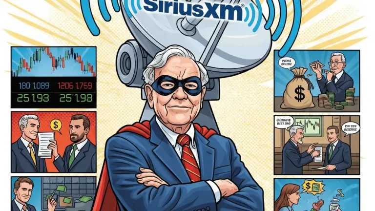 Comic-style illustration of Warren Buffett as a caped, masked superhero in front of a SiriusXM satellite dish, surrounded by Wall Street trading panels
