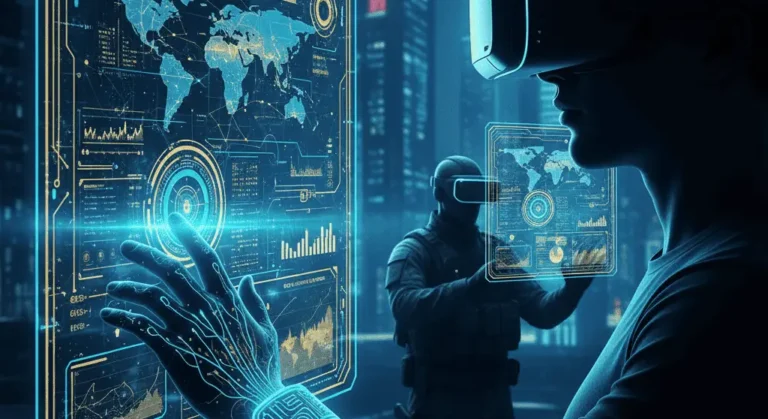 A person wearing a glowing neural wristband interacting with a holographic data display, with a soldier using similar tech in the background, representing WLDS neural interface's XR and defense applications