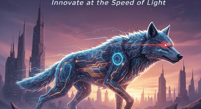 A cybernetic wolf with glowing circuit patterns walking before a futuristic city skyline, representing Wolfspeed silicon carbide's technology-driven resurgence