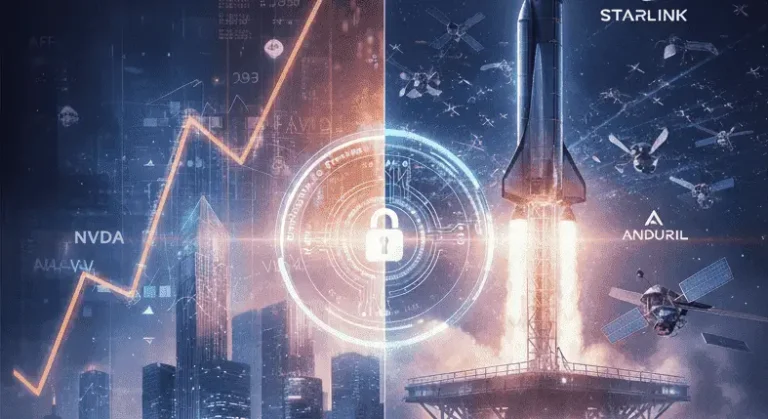 Rising stock chart beside a SpaceX rocket launch and Anduril drone, representing the XOVR ETF's bridge between public and private markets