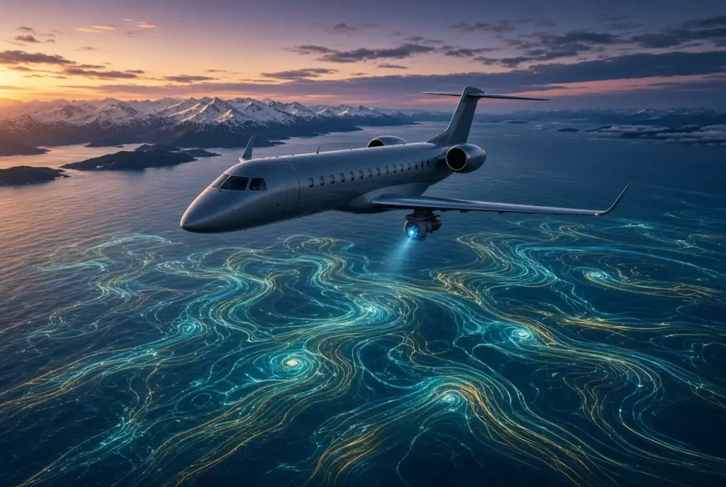Honeywell quantum navigation sensor guiding a business jet over glowing magnetic field lines without GPS