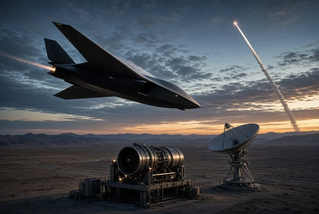 Kratos Defense stock drivers: jet combat drone, turbofan test stand, SATCOM dish and hypersonic missile launch at dusk