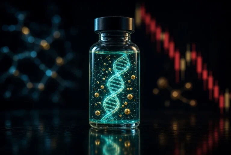 Moderna stock concept: glass mRNA vaccine vial with glowing DNA helix against a falling red candlestick chart