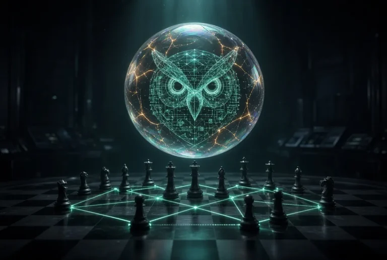 Palantir AI bubble concept art with a glowing AI owl inside a fragile bubble above a dark chessboard