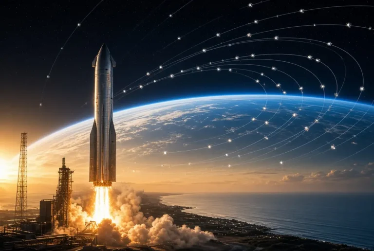 SpaceX Starship rocket launching into orbit alongside satellite connectivity paths over Earth.
