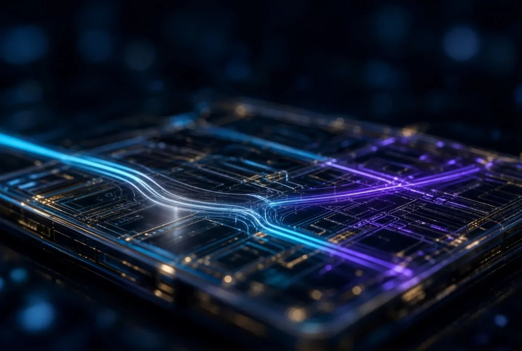 Conceptual microchip circuit featuring glowing blue and purple optical light paths representing photonic quantum processing.