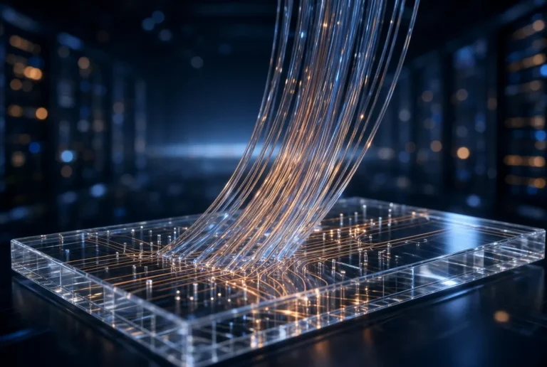 Close-up of optical fiber cables connecting into an illuminated glass core substrate for Corning stock AI infrastructure.