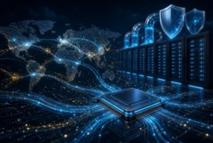Abstract AI microchip connected to global network lines with digital security shields representing CSCO stock price catalysts.