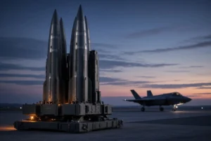 Lockheed Martin backlog concept showing interceptor missiles on an airfield with an F-35 fighter jet in the background.