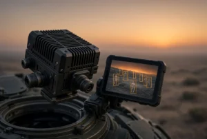 Maris-Tech edge video system mounted on an armored vehicle displaying AI target detection on a rugged screen.