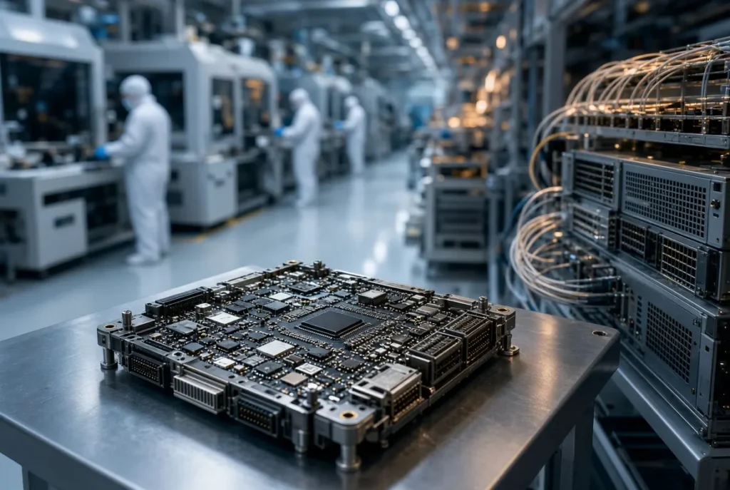 Printed circuit board assembly line inside a modern electronics manufacturing facility representing Plexus stock operations.