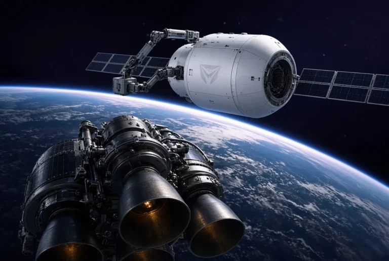 A visual rendering of the Starlab Space Station orbiting Earth alongside an arriving spacecraft.